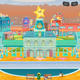 Rainbow Billy's town, through a camera lens, showing happy citizens and a smiley star above the main building.